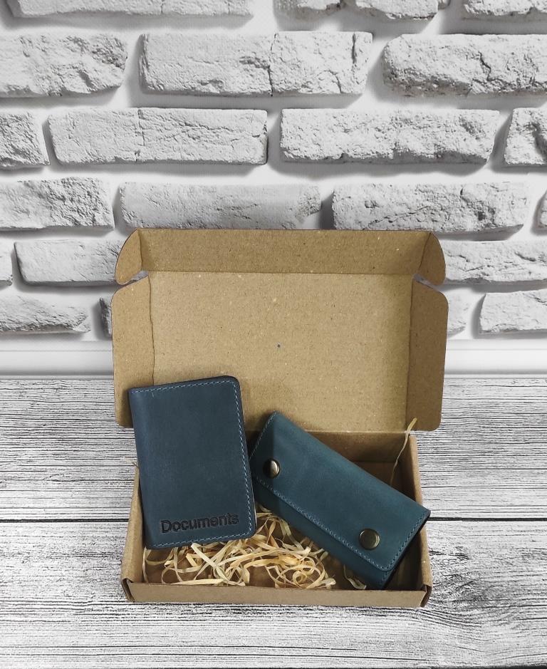 Подарунковий набір DNK Leather №11 (ключниця + обкладинка на права, ID паспорт) блакитний